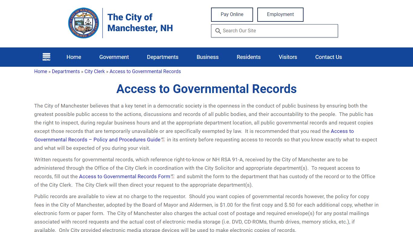 Access to Governmental Records - Manchester, New Hampshire